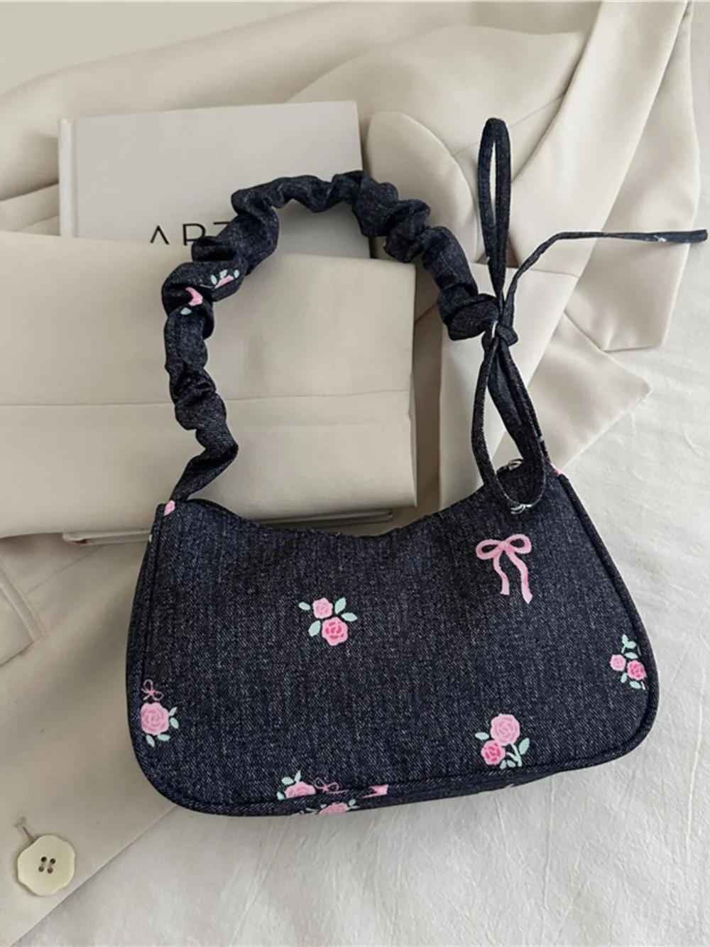 Embroidered Ruched Strap Shoulder Bag