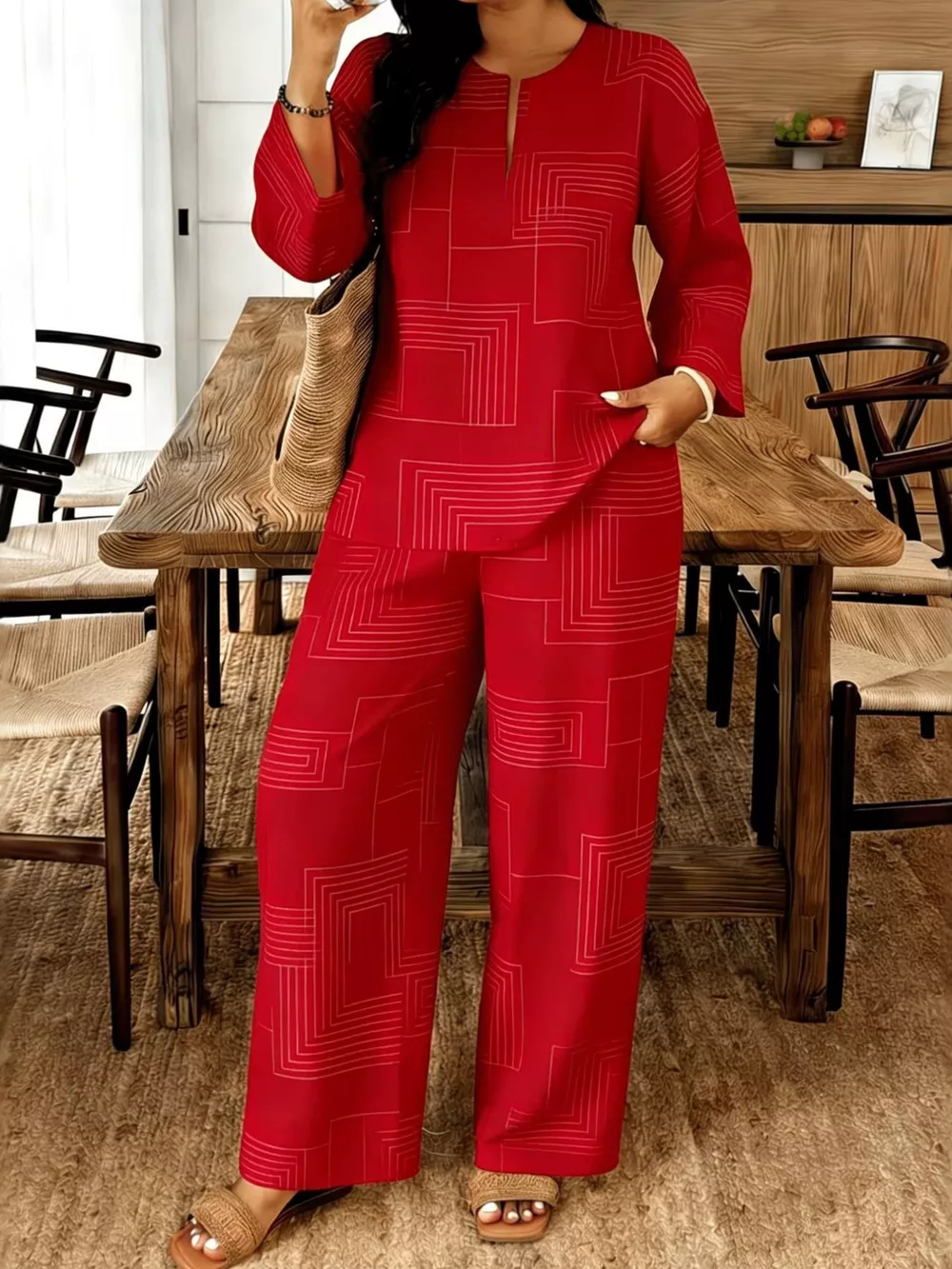 Geometric Print Relaxed Fit Top and Pants Set, image 2