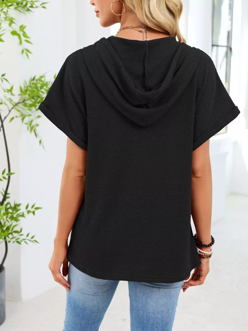 Casual Waffle Knit Button Detail Hooded Top, image 20