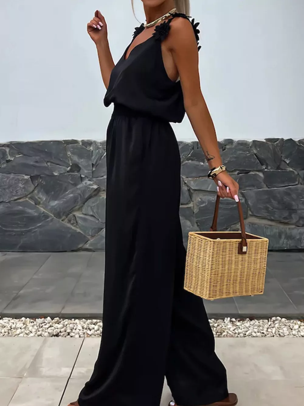 Floral Applique V-Neck Wide Leg Jumpsuit, image 5