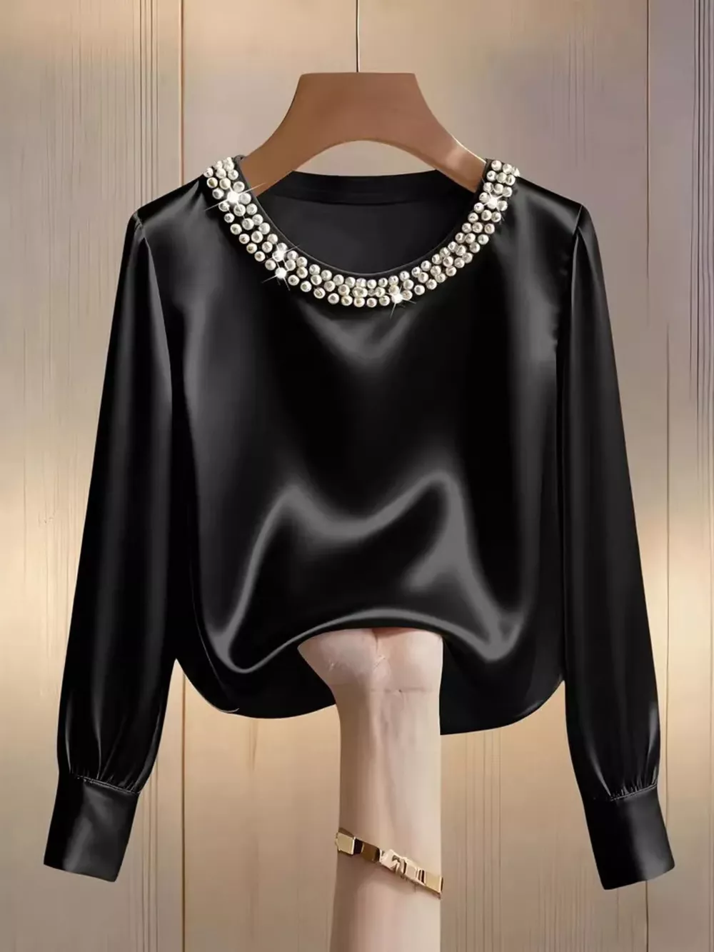 Pearl Trim Round Neck Silk Blouse, image 2
