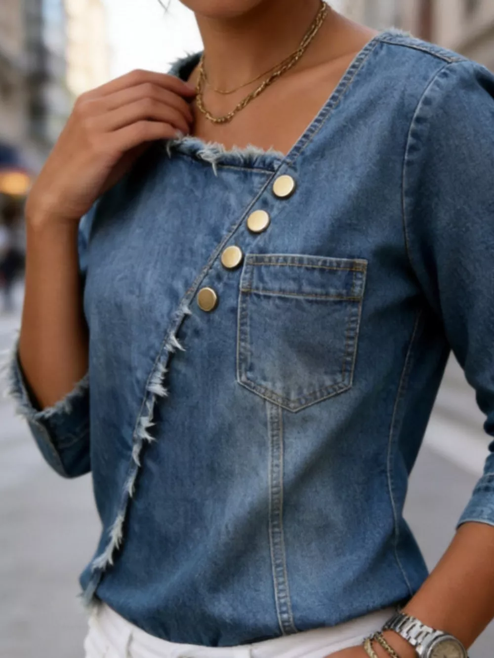 Asymmetric Raw-Edge Button-Detail Denim Top, image 4