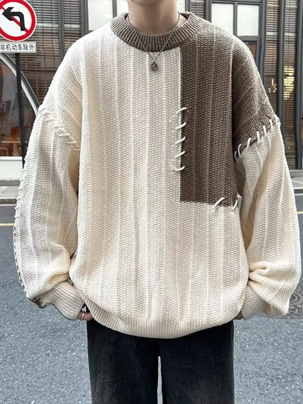Men's Color Block Round Neck Knitted Pullover, image 3