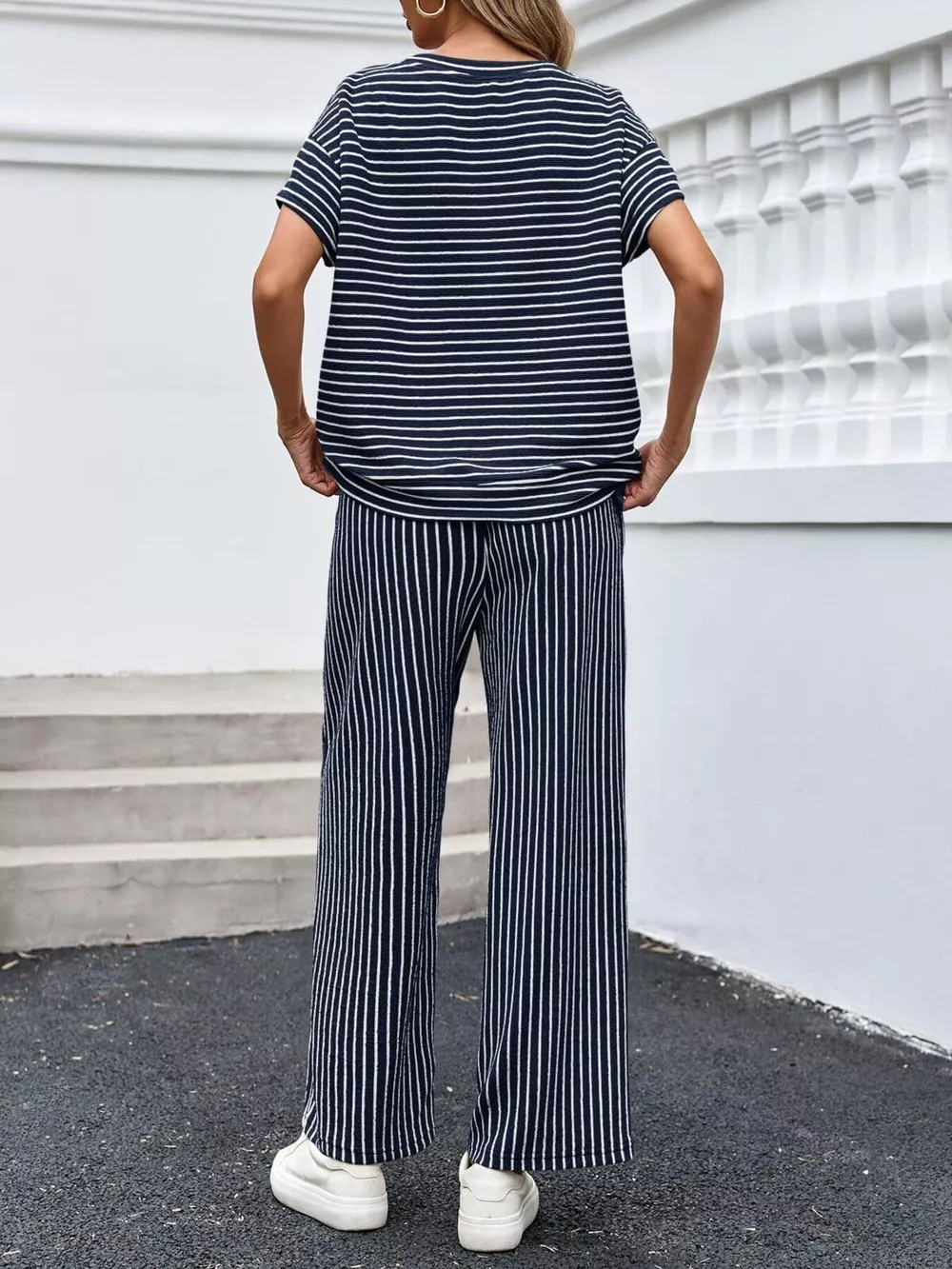 Casual Striped Short Sleeve Top and Wide Leg Pants Two-Piece Set, image 21