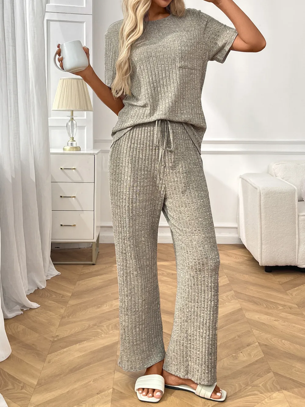 Ribbed Knit Short Sleeve Top and Pants Lounge Set, image 9
