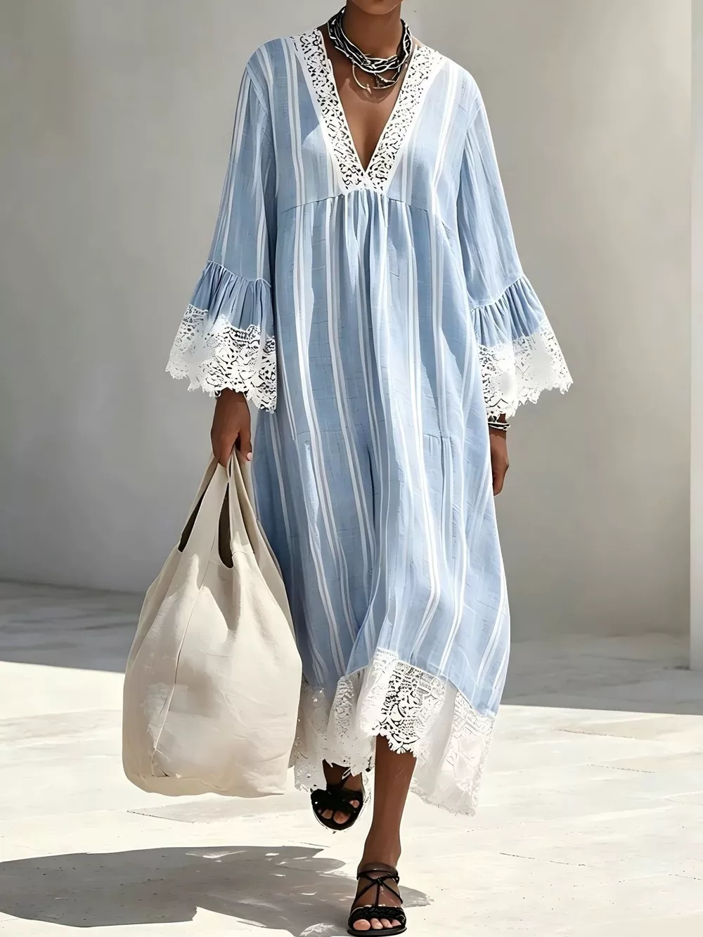 Lace Trim V-Neck Midi Dress, image 5