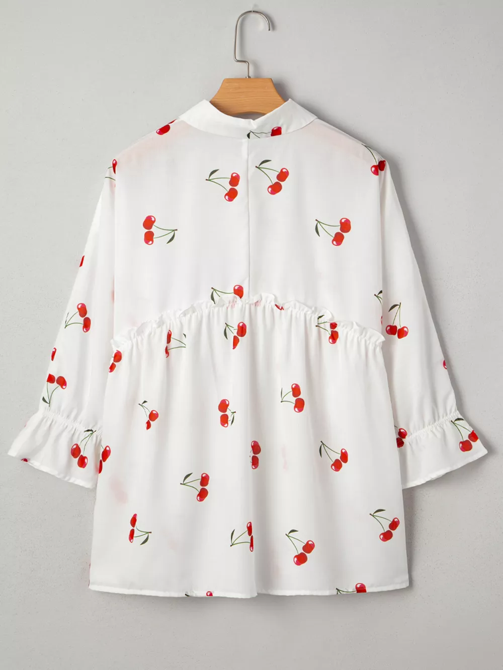 Cherry Print Flounce Sleeve Collared Frilled Babydoll Blouse, image 8