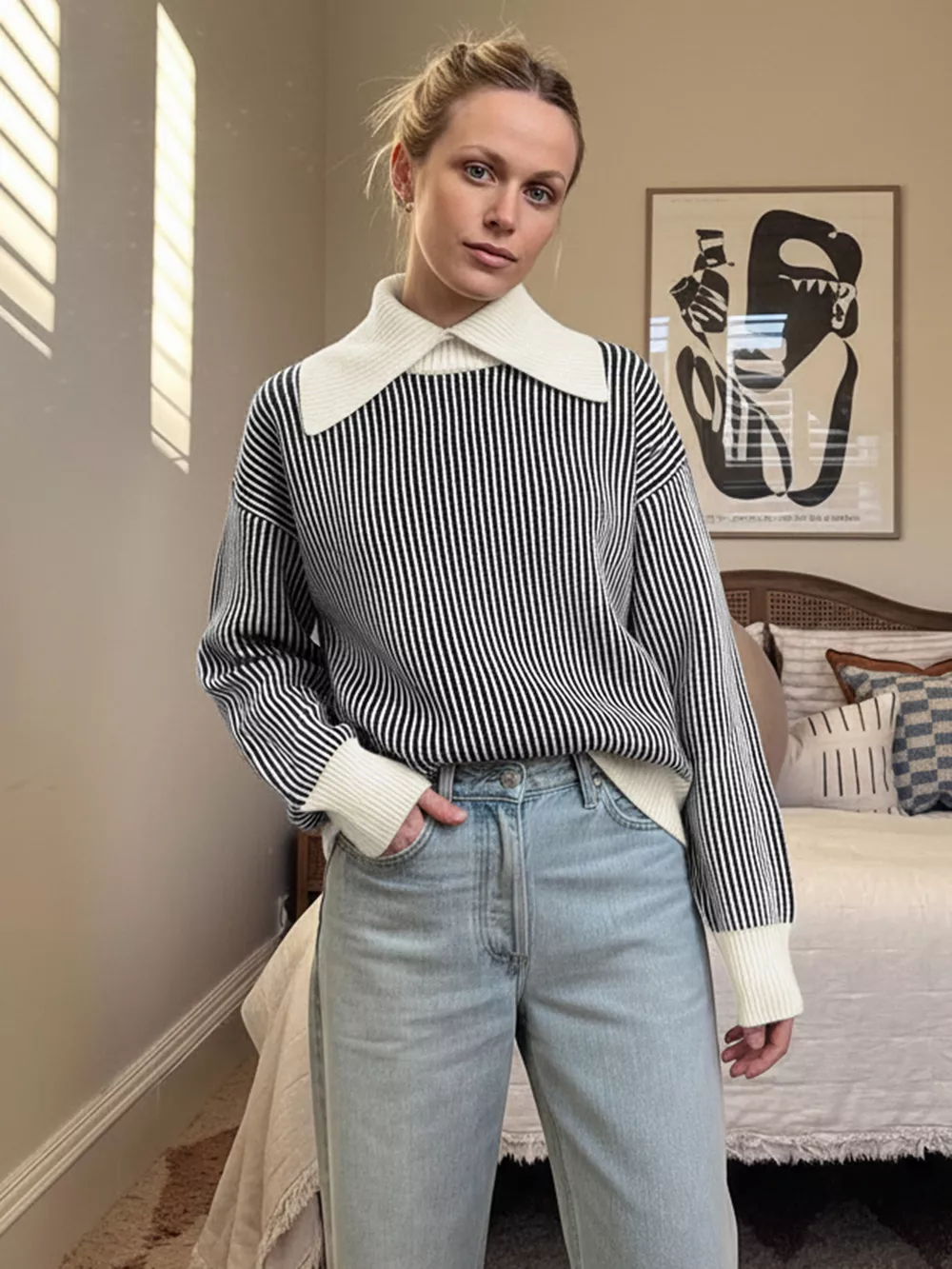 Striped Knit Sweater with Contrast Collar, image 3