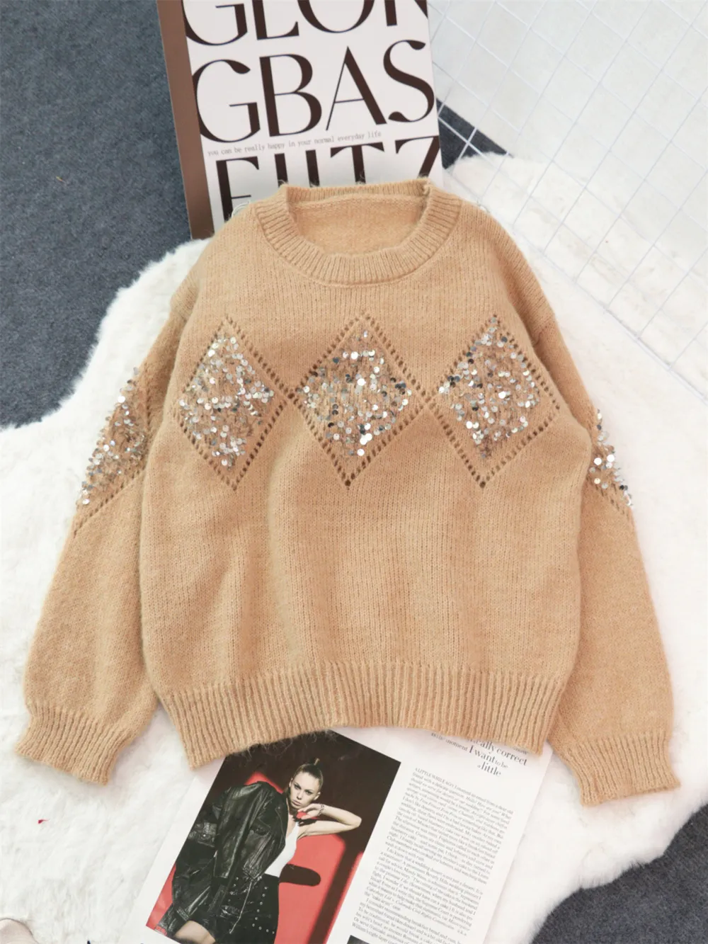 Sequined Diamond Pattern Oversized Sweater, image 13