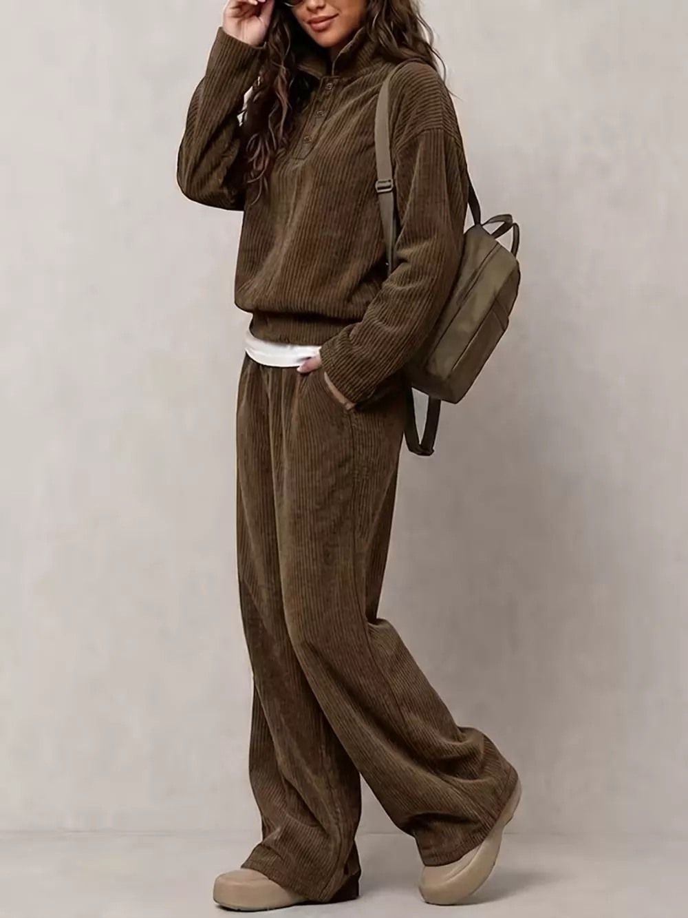 Corduroy Button Detail Top and Wide-Leg Pants Set