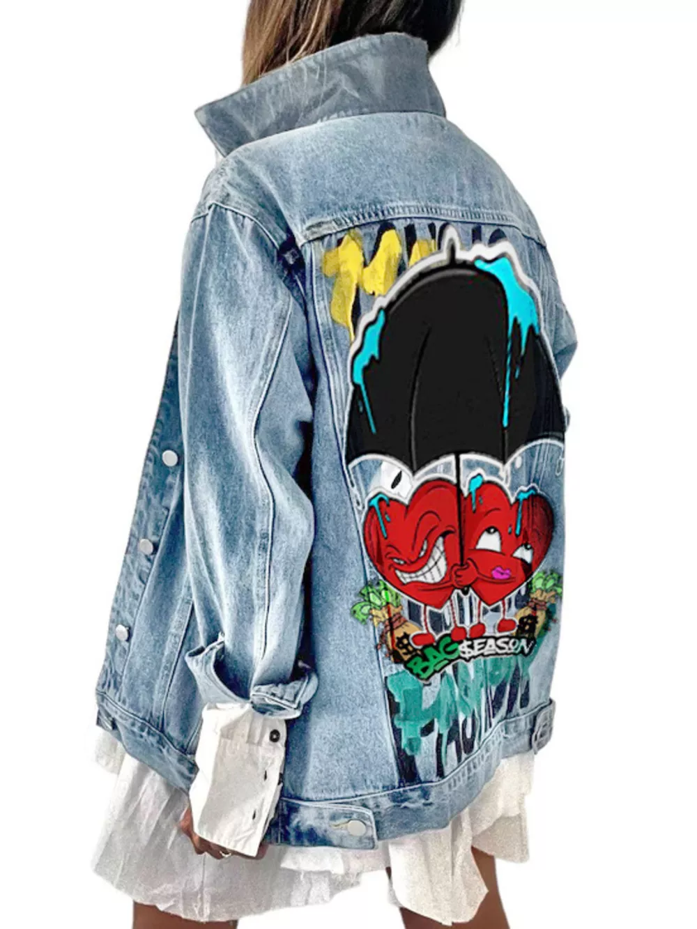 Full Size Heart and Umbrella Graphic Denim Jacket Plus Size, image 2