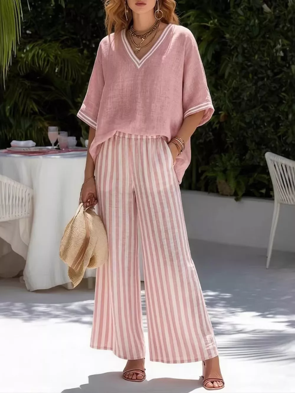 Full Size Striped V-Neck Top and Wide Leg Pants Set Plus Size, image 4