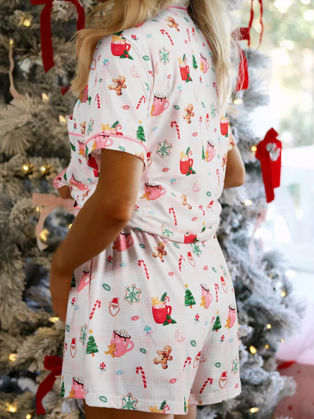 Christmas Print Button Up Top and Shorts Lounge Set, image 3