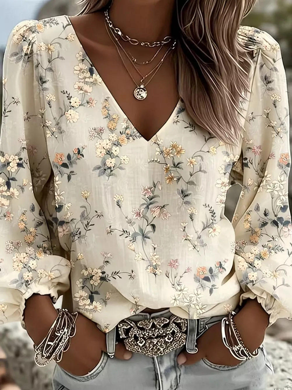 Floral Print V-Neck Long Sleeve Blouse, image 2