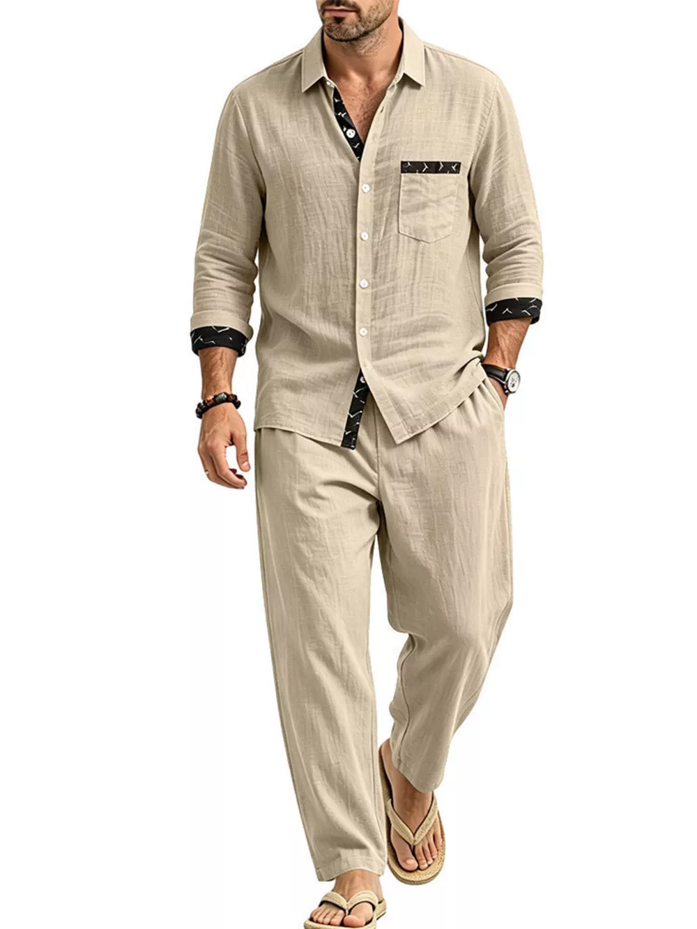 Men's Full Size Casual Button Up Shirt and Pants Two-Piece Set Plus Size, image 3