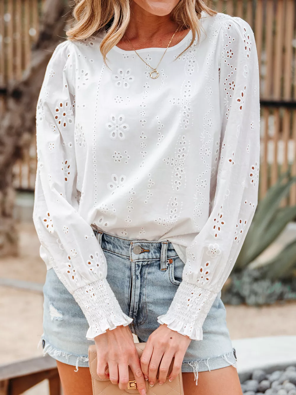 Eyelet Embroidered Smocked Cuff Sheer Blouse, image 8