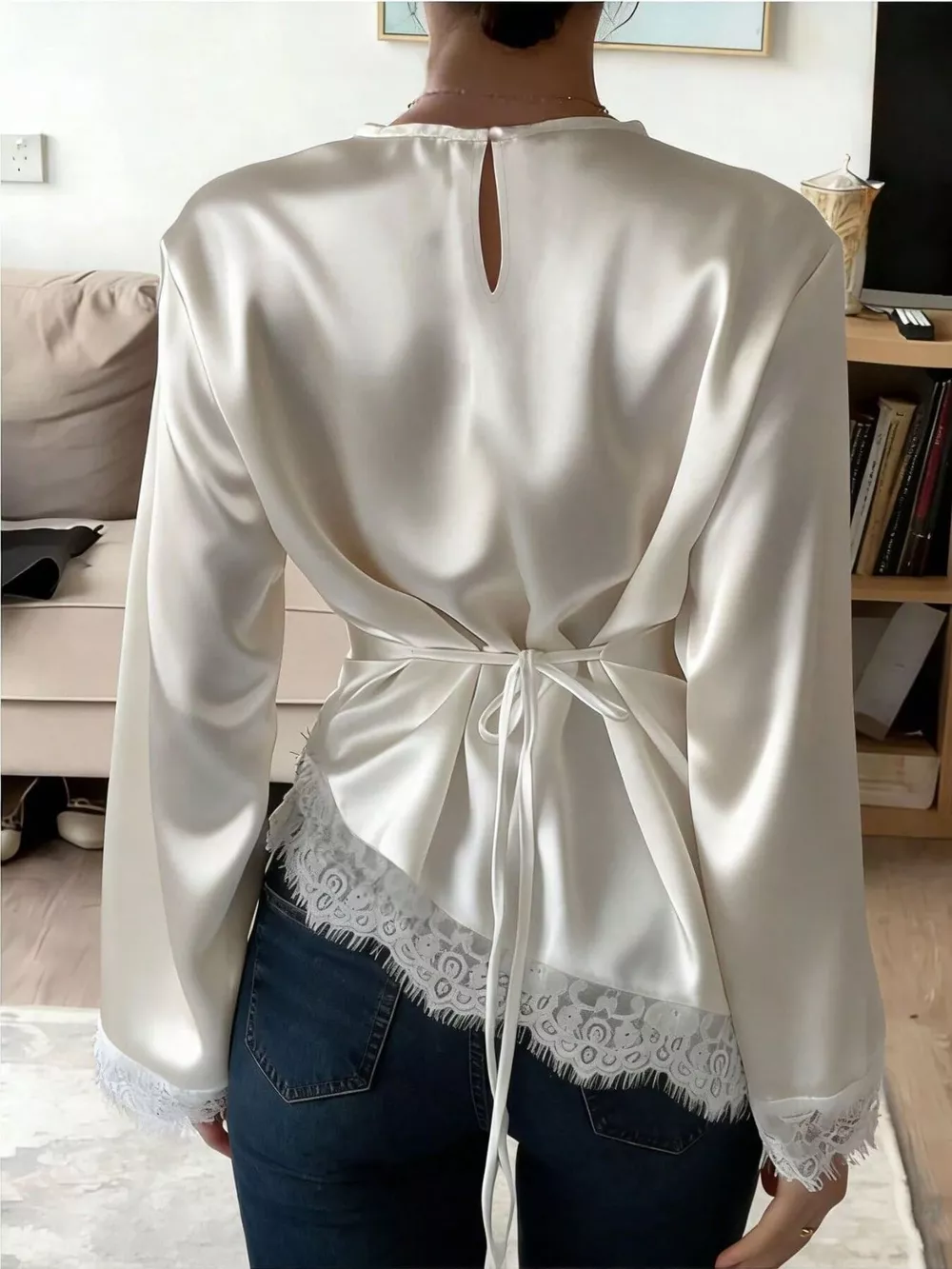 Satin Lace Trim Flare Sleeve Blouse, image 3