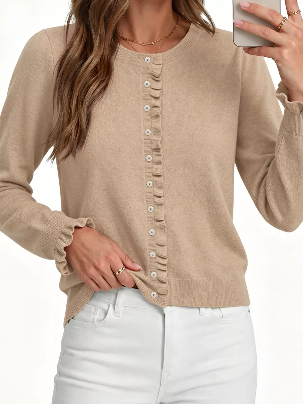Ruffle-Trimmed Button-Down Knit Cardigan, image 3