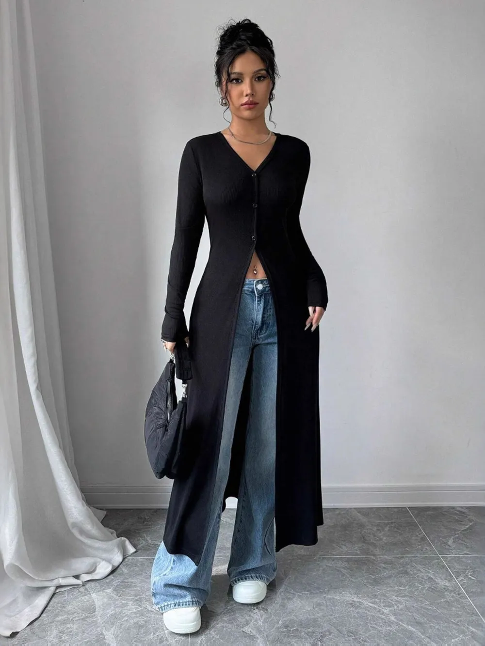 V-Neck Button-Front Longline Cardigan, image 6