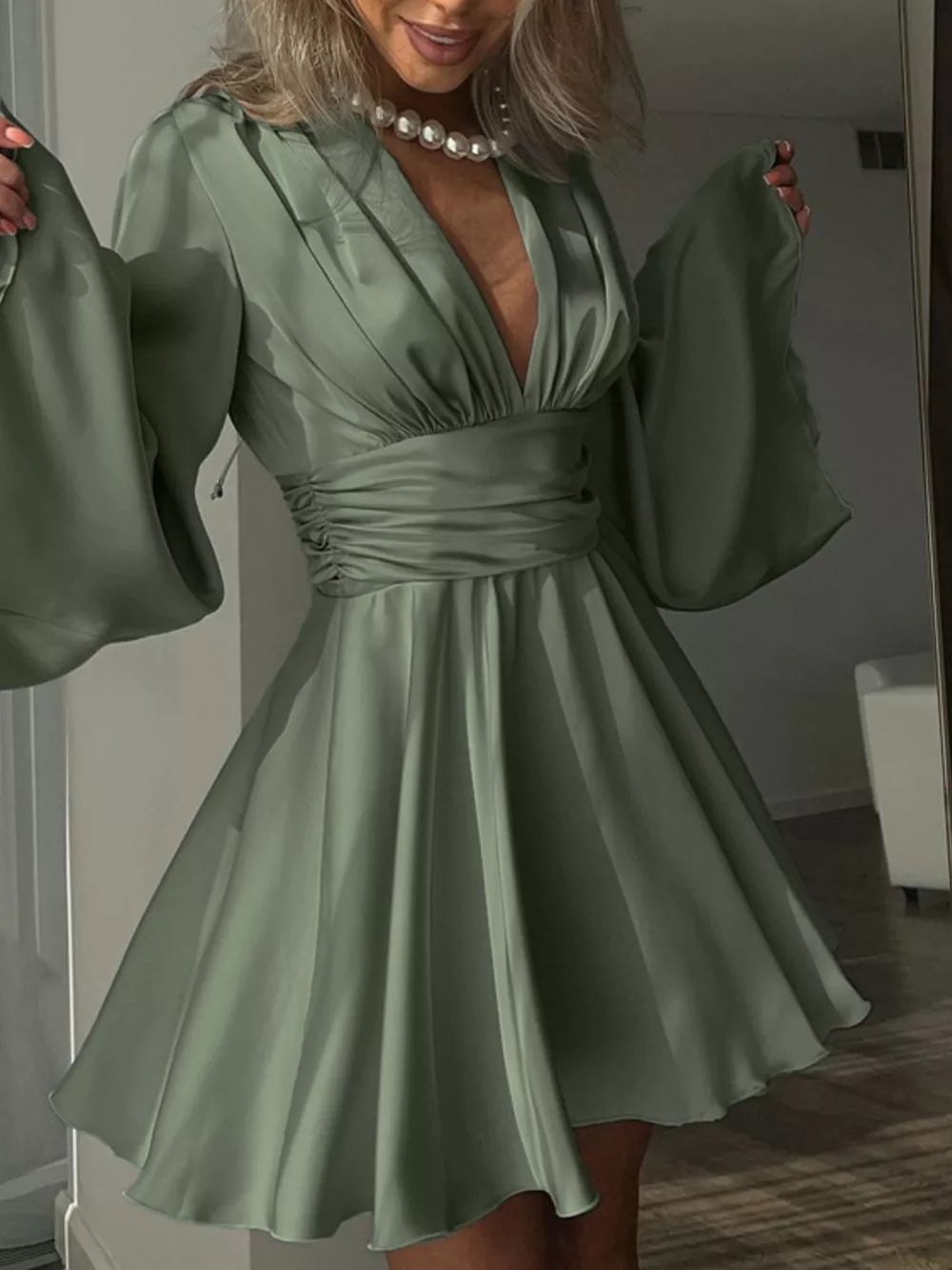 V-Neck Satin Mini Dress with Flowy Sleeves, image 2