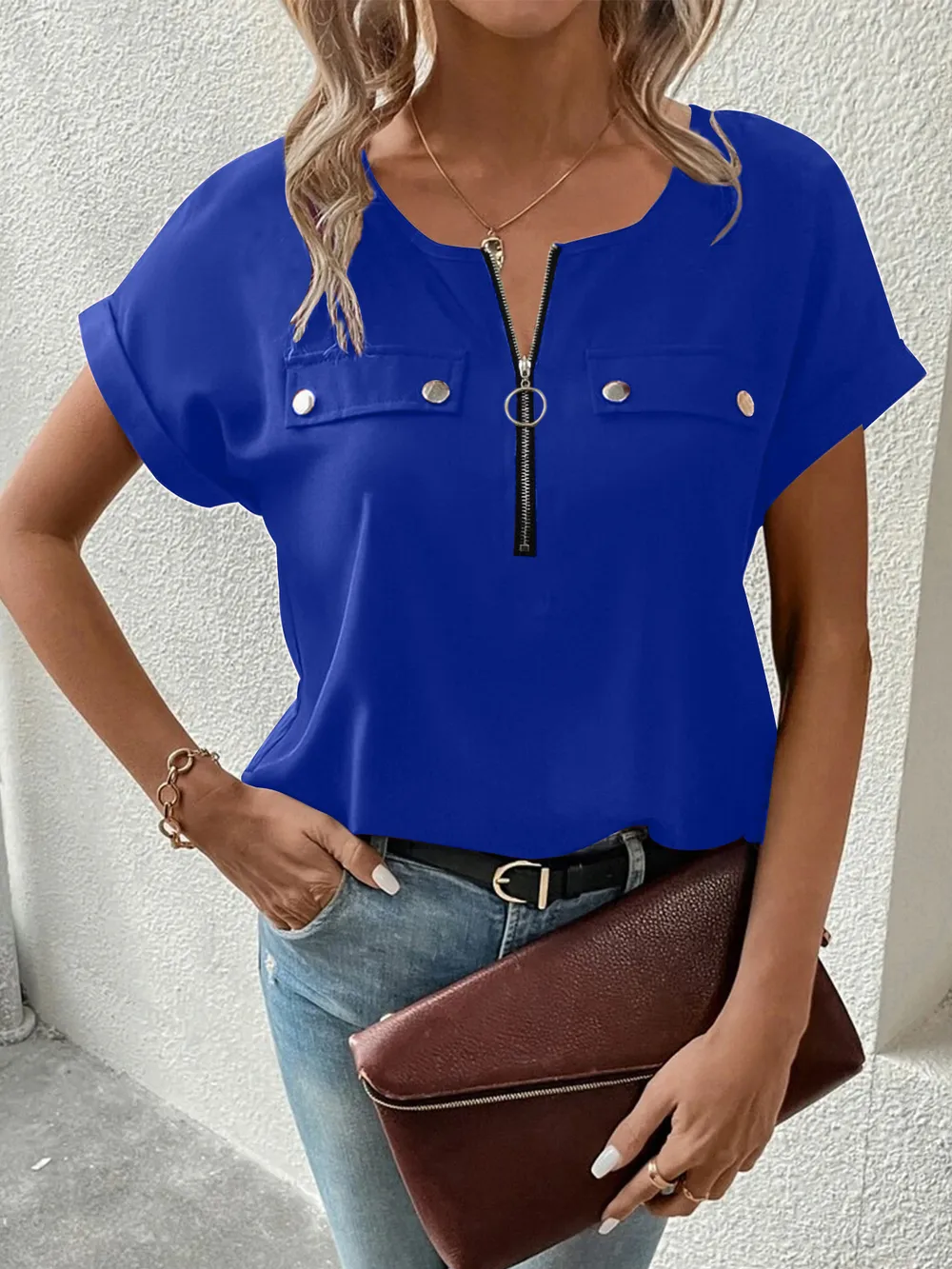 Casual Zipper Front Short Sleeve Blouse, image 10