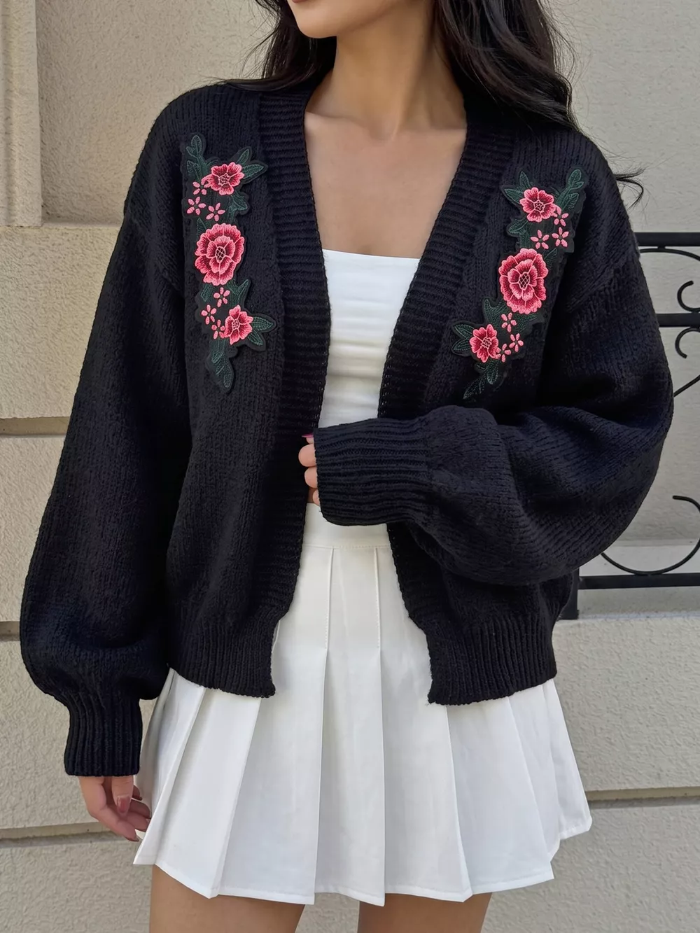 Floral Embroidered Applique Knit Cardigan