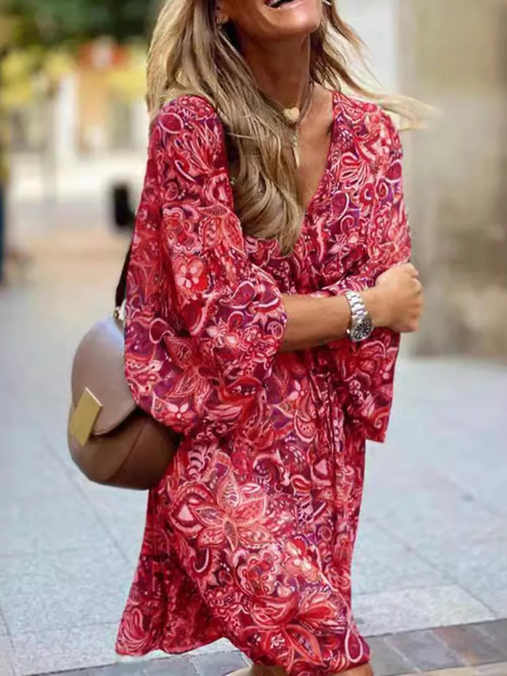 Full Size Paisley Print Long Sleeve Mini Dress Plus Size, image 17