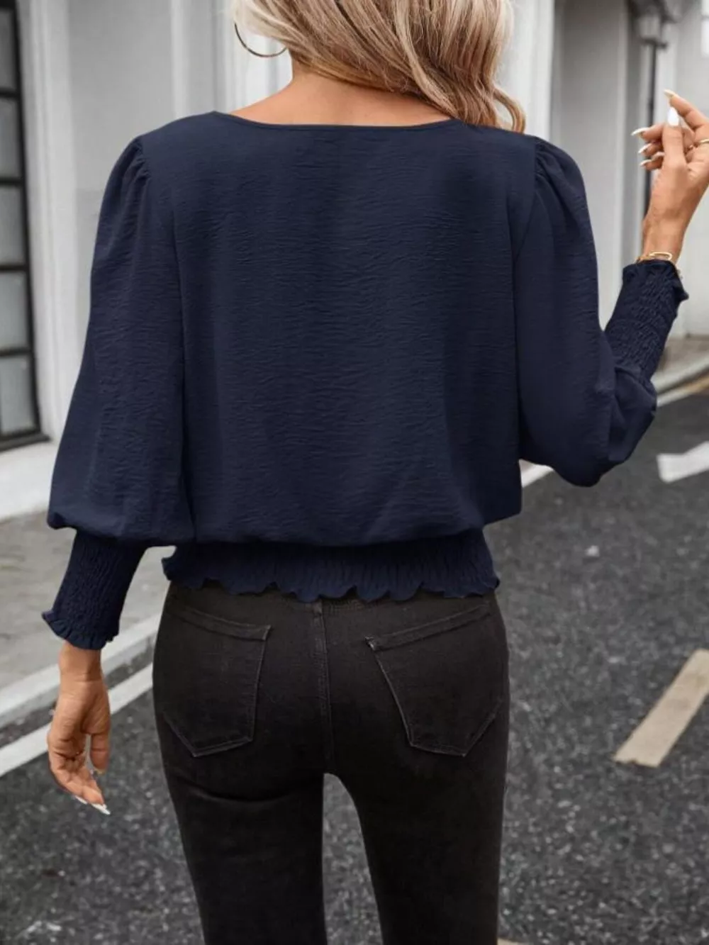 Smocked Waist Round Neck Blouse, image 22