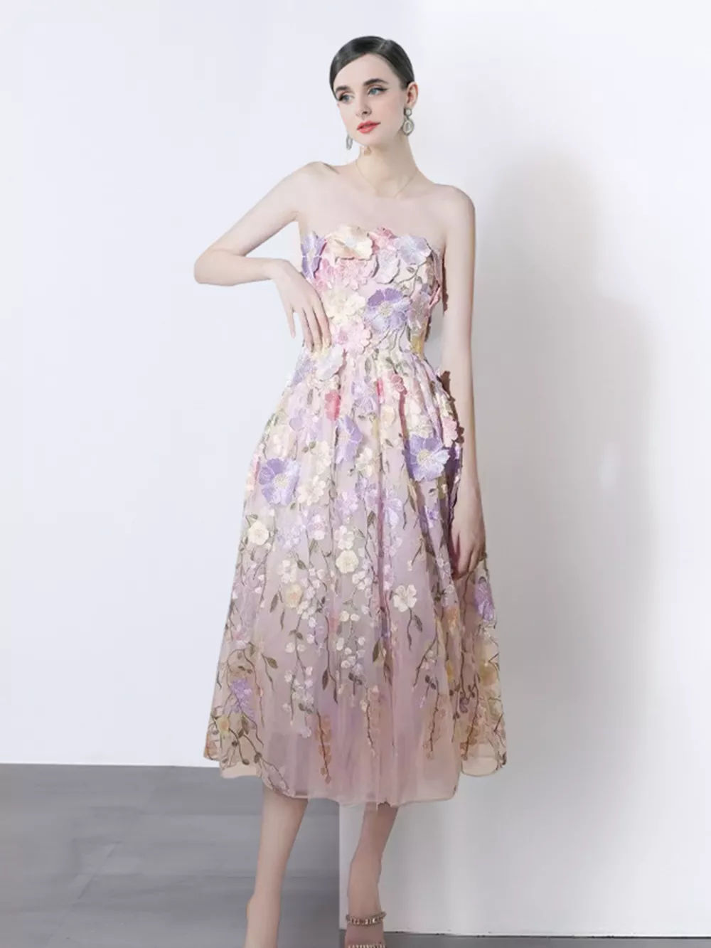Strapless Floral Applique Midi Dress, image 6