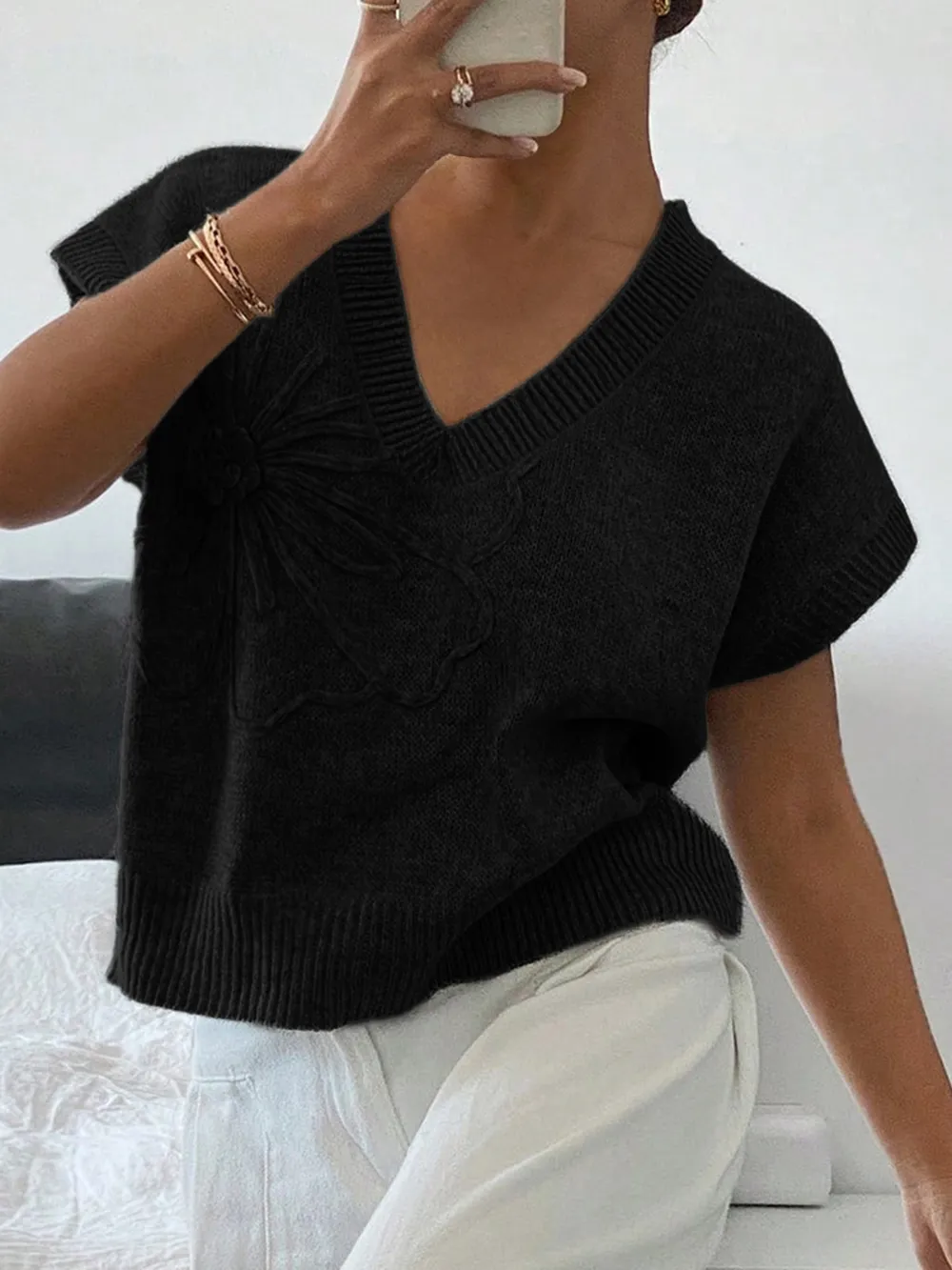 Ribbed Hem V-Neck Short Sleeve Sweater, image 7
