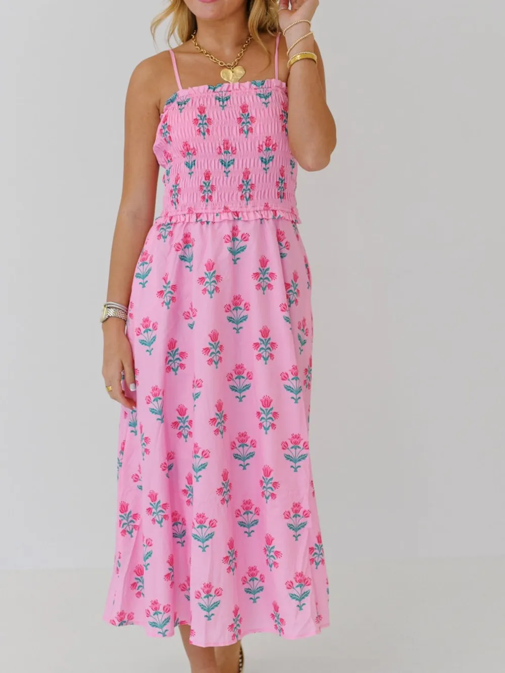 Floral Smocked Adjustable Strap Midi Cami Dress, image 8