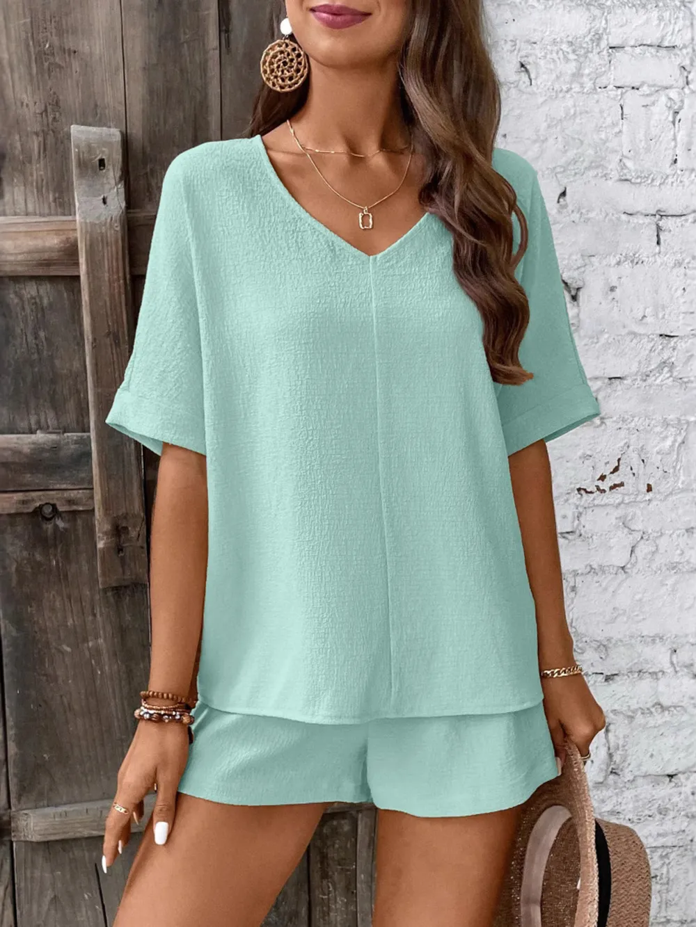 Relaxed Fit V-Neck Top and Shorts Two-Piece Set, image 13