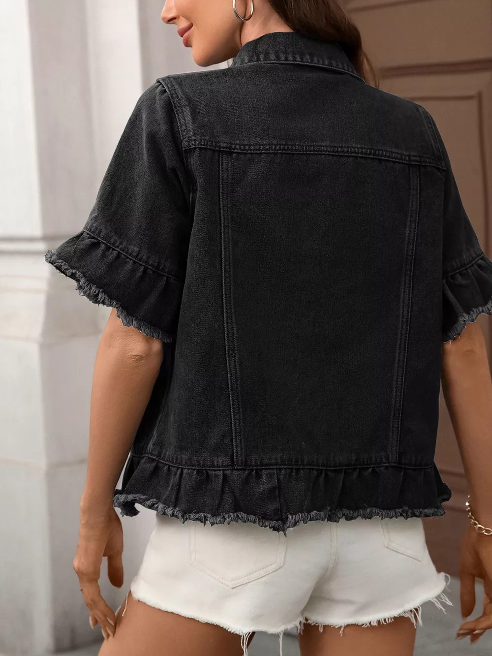 Raw Hem Button Up Denim Jacket, image 9