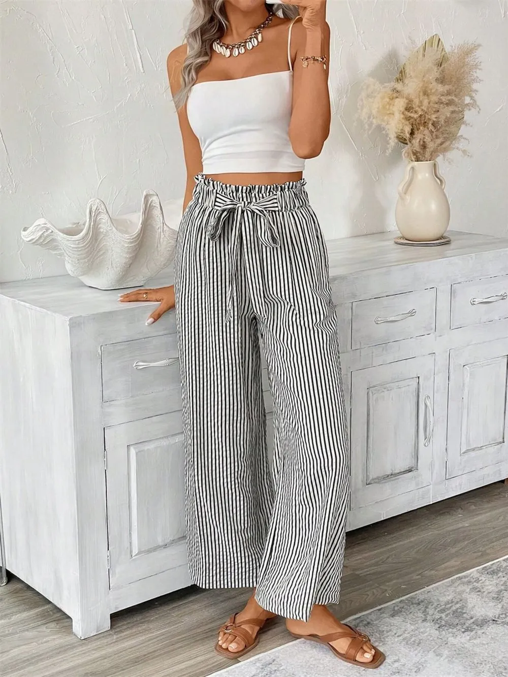 Full Size Striped Wide Leg Paper Bag Pants Plus Size, image 11