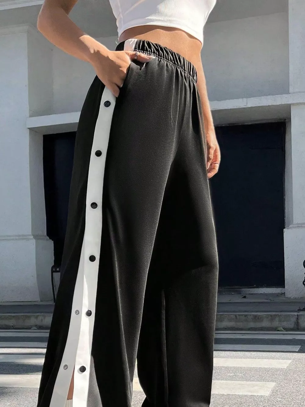Two-Tone Side Snap Wide Leg Pants, image 3