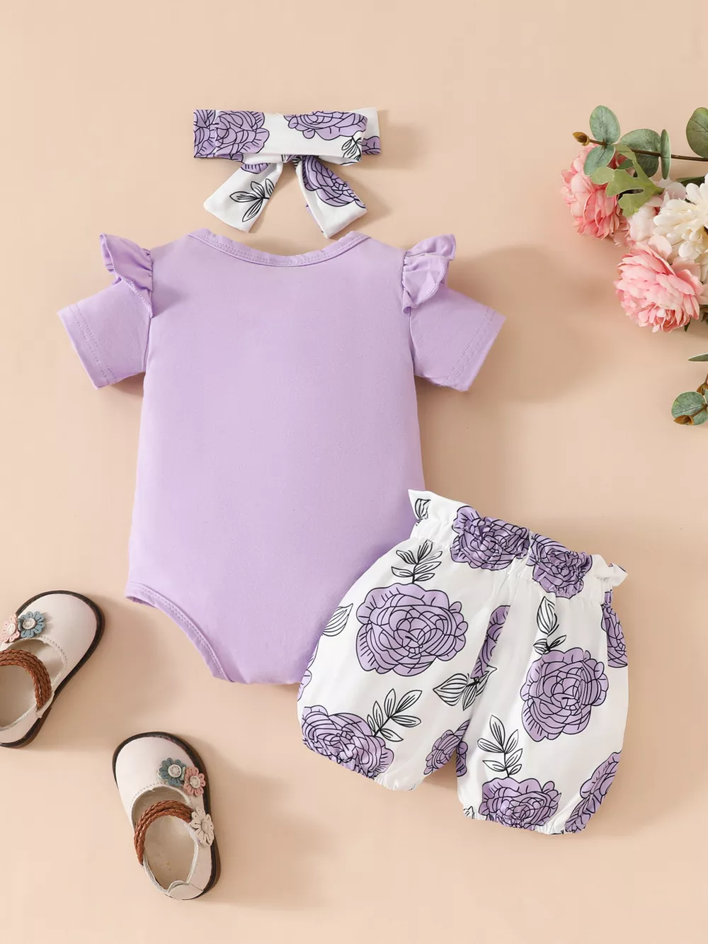 Children's Ruffled Bodysuit and Floral Shorts Set with Headband, image 10