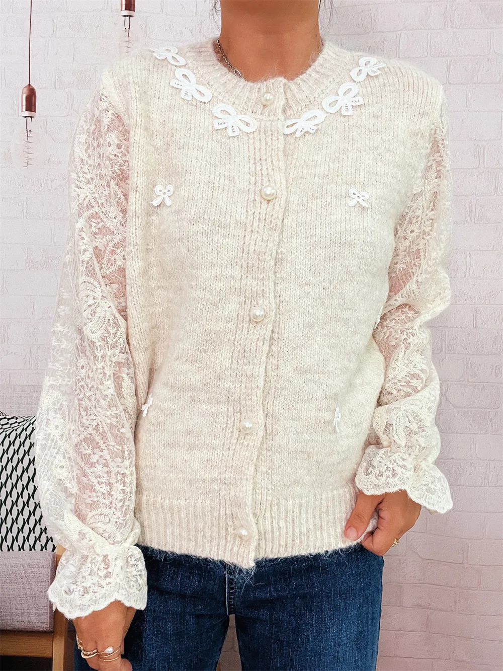 Lace Sleeve Button-Up Cardigan, image 5