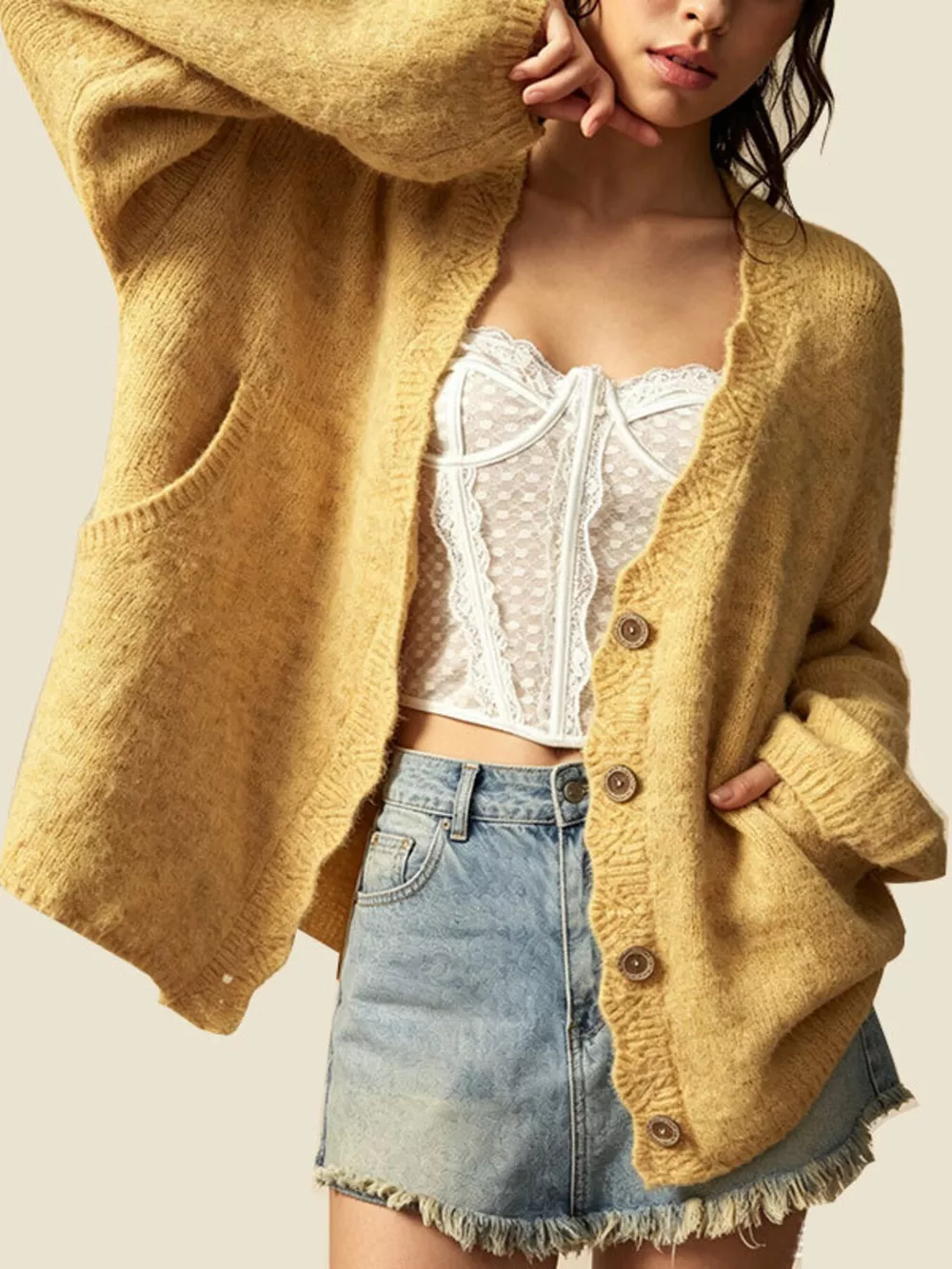 V-Neck Button-Down Knit Cardigan, image 3