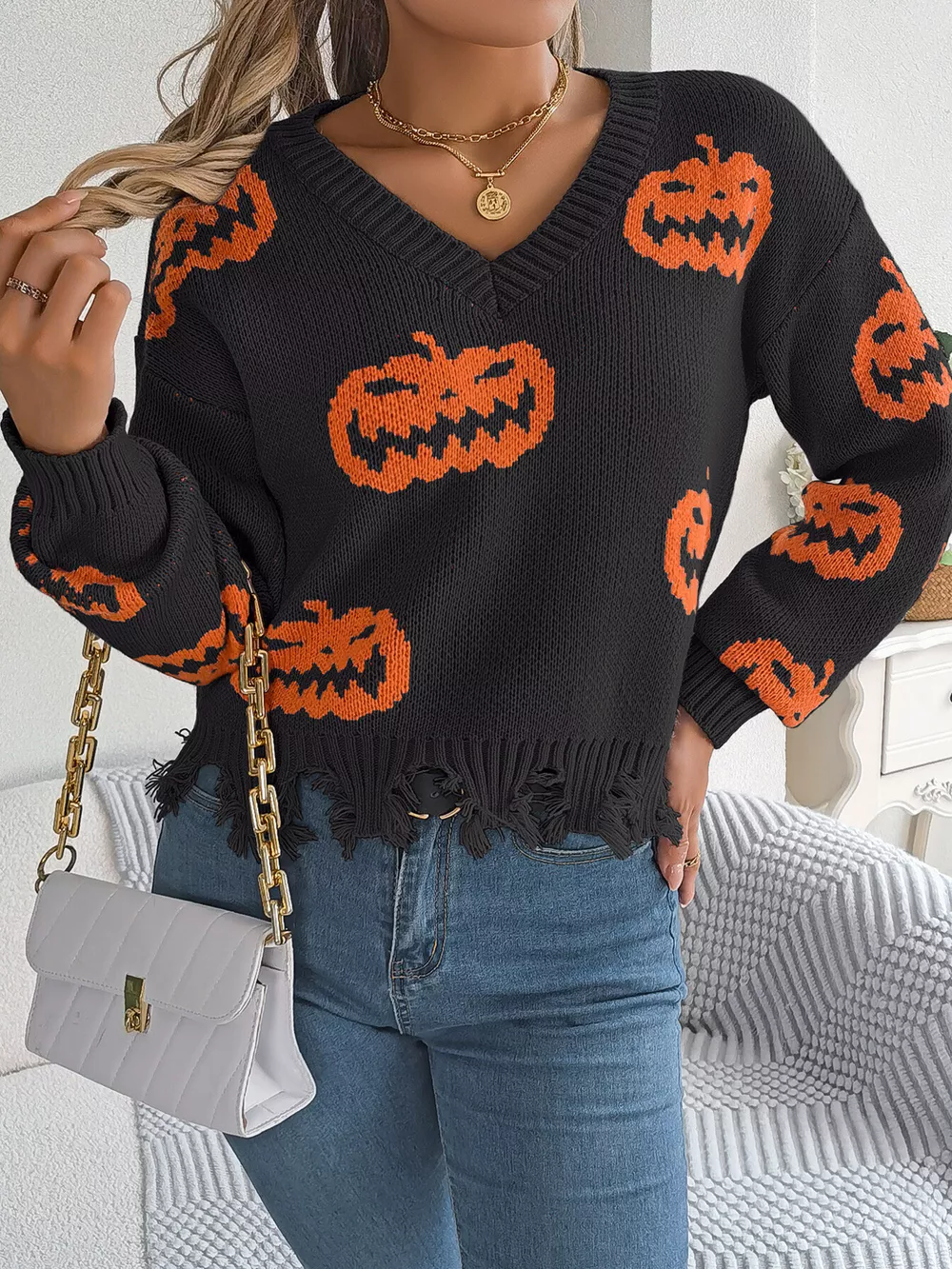 Pumpkin Distressed Hem Sweater, image 9