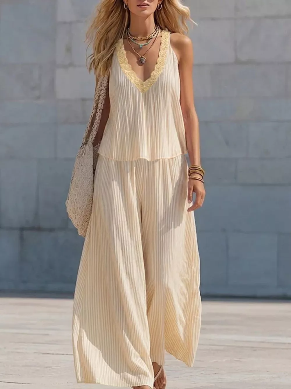 Striped V-Neck Tank and Wide-Leg Pants Set, image 4