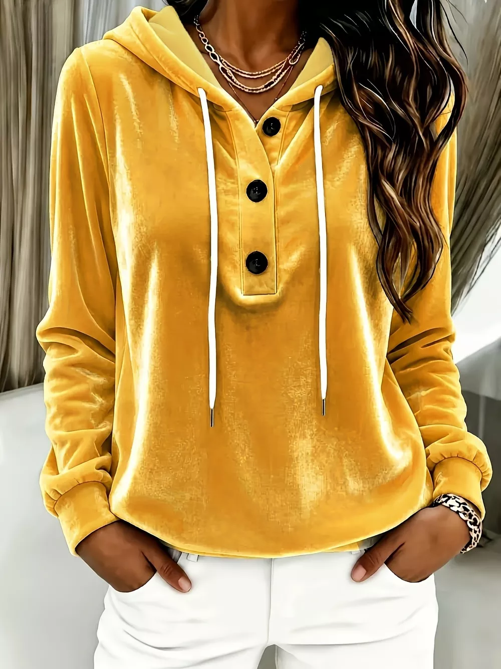 Full Size Drawstring Button Detail Hoodie Plus Size, image 13