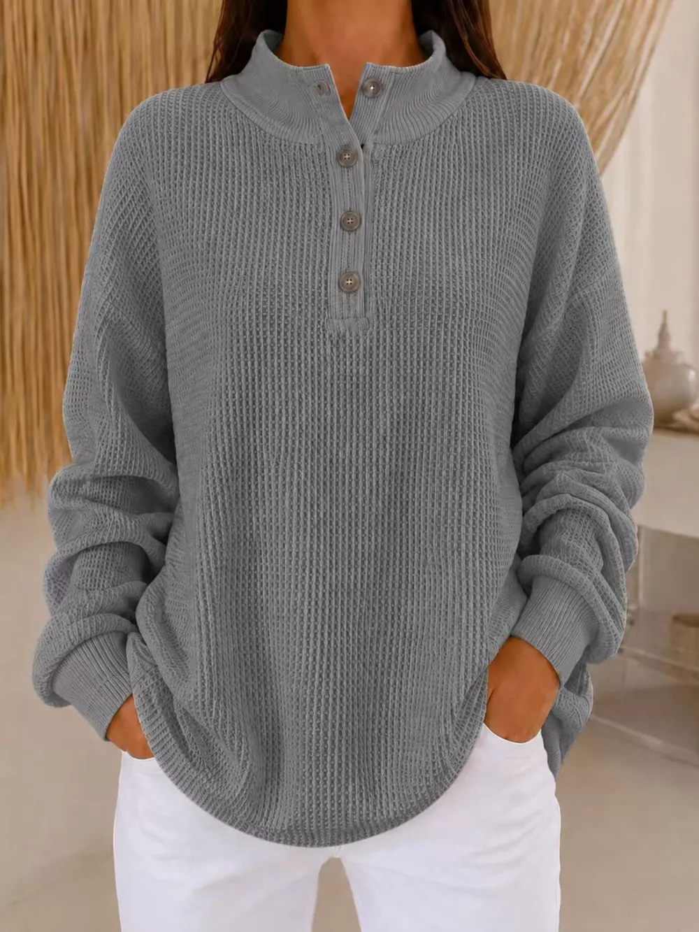 Full Size Waffle Knit Button Detail Sweatshirt Plus Size, image 3