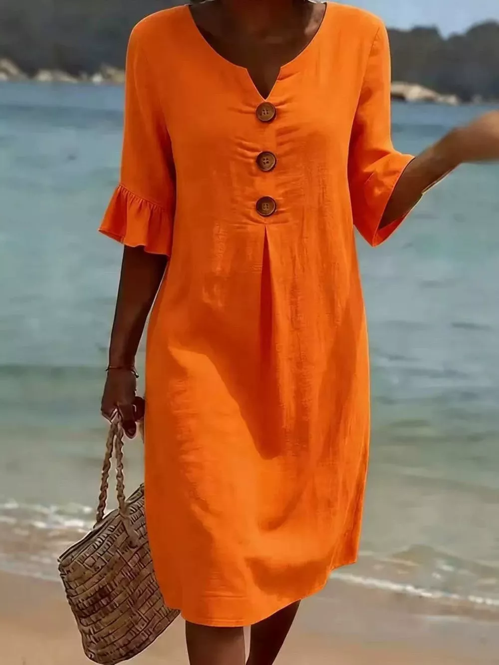 Full Size Casual Decor Button Dress with Ruffle Sleeves Plus Size, image 13
