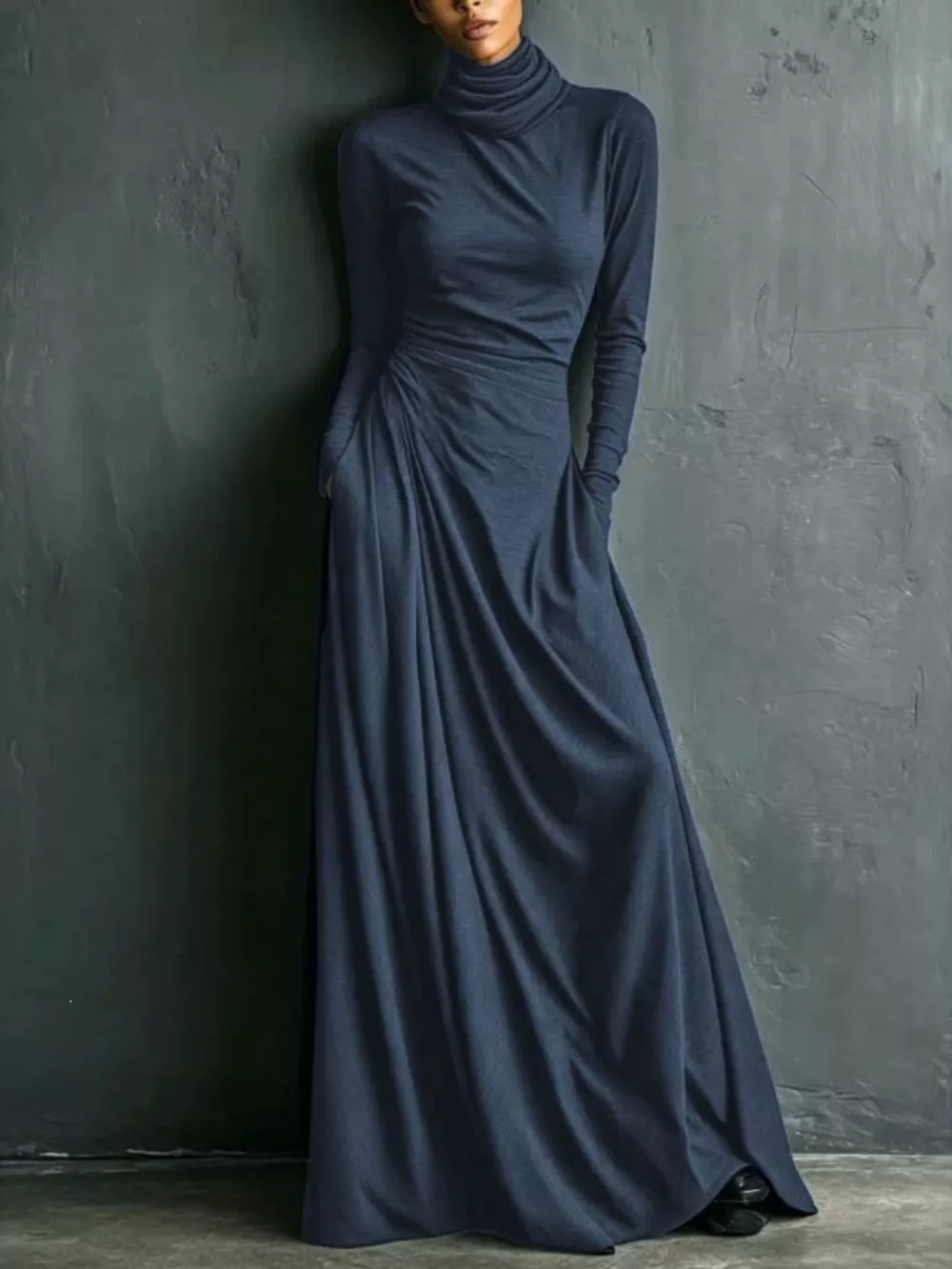 Turtleneck Long-Sleeve Draped Maxi Dress, image 5