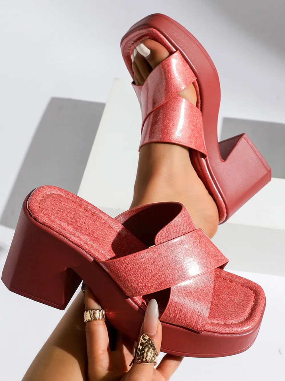 Platform Block Heel Slide Sandals, image 6