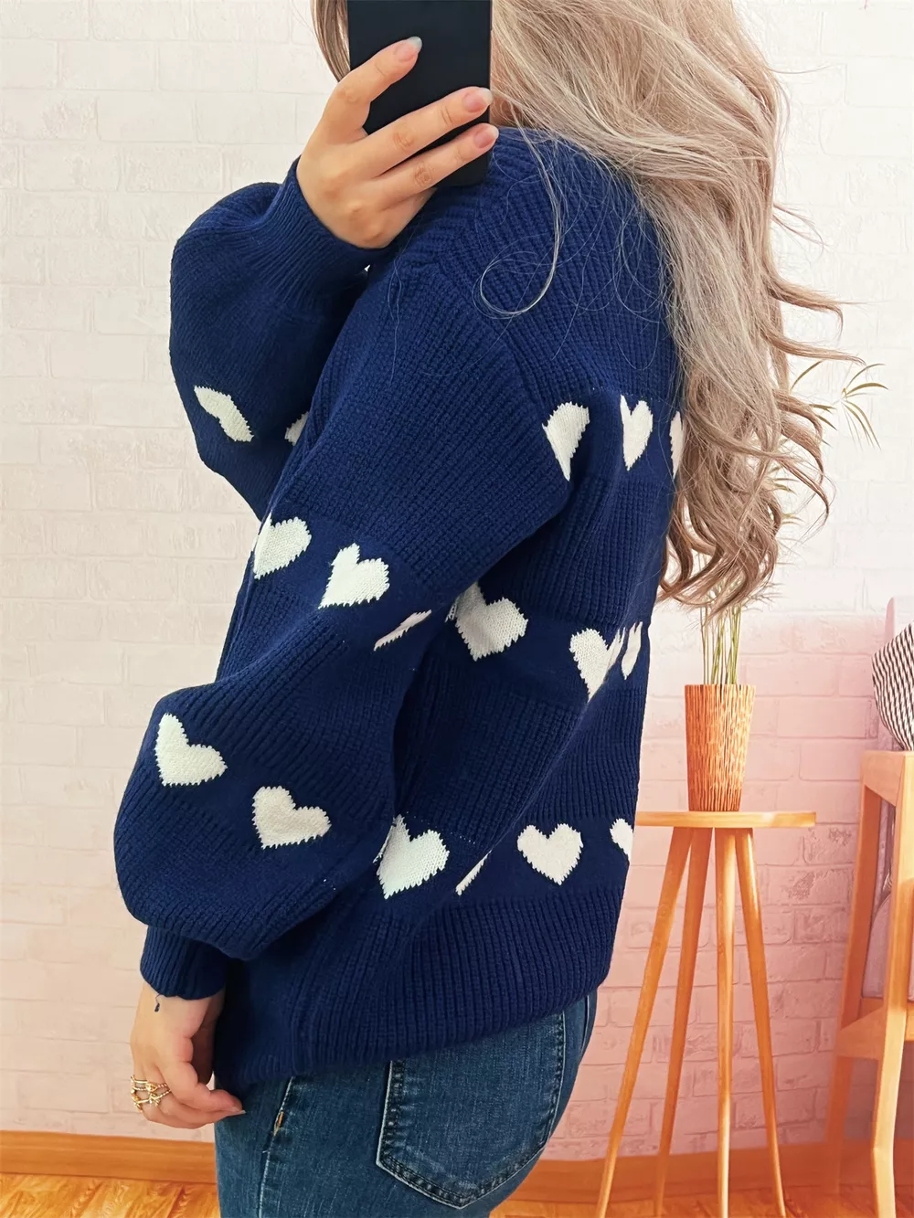 Heart Pattern Dropped Shoulder Sweater, image 17