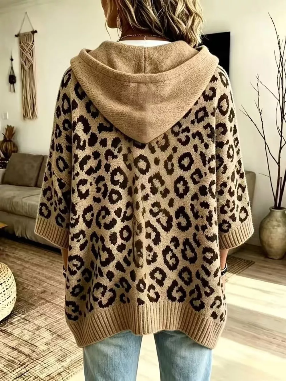 Drawstring Leopard Hooded Sweater, image 3