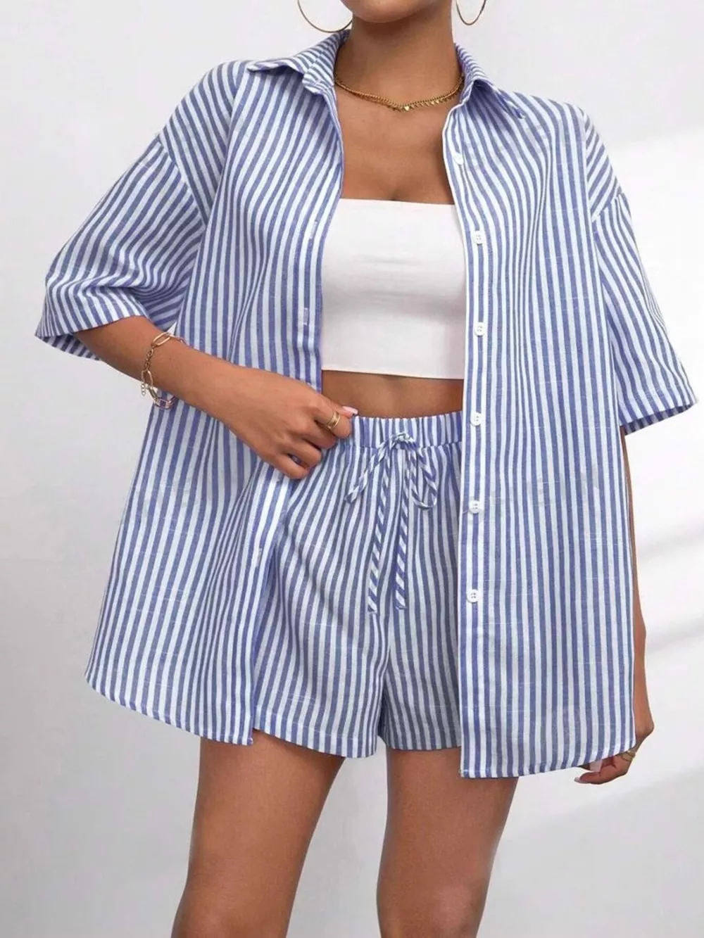 Striped Button Up Shirt and Shorts Casual Set, image 2