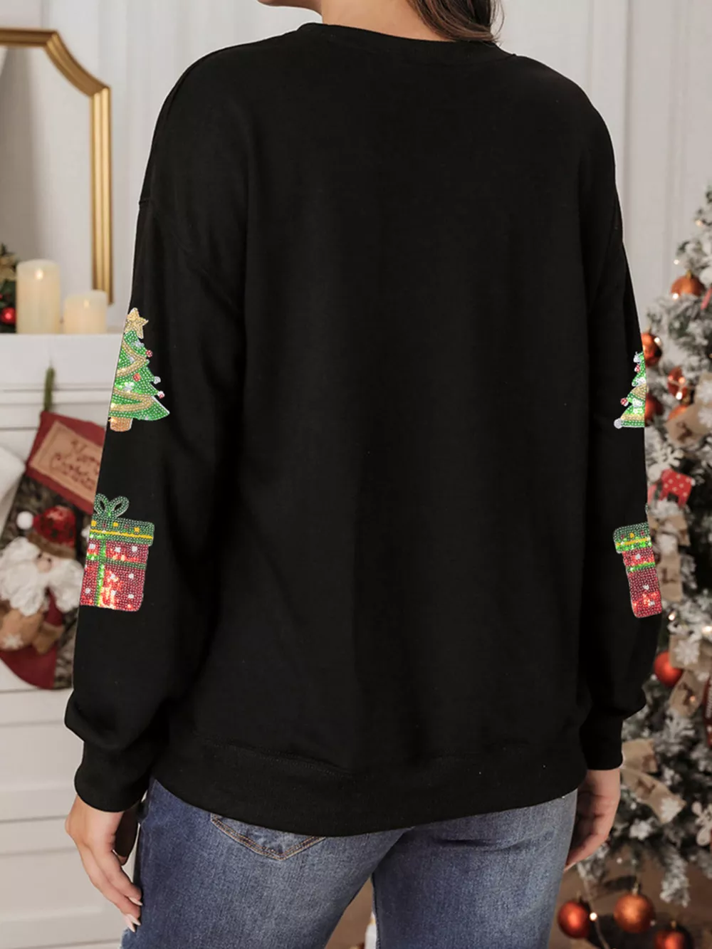 Sequin Christmas Trees Gifts Patched Drop Shoulder Sweatshirt, image 3