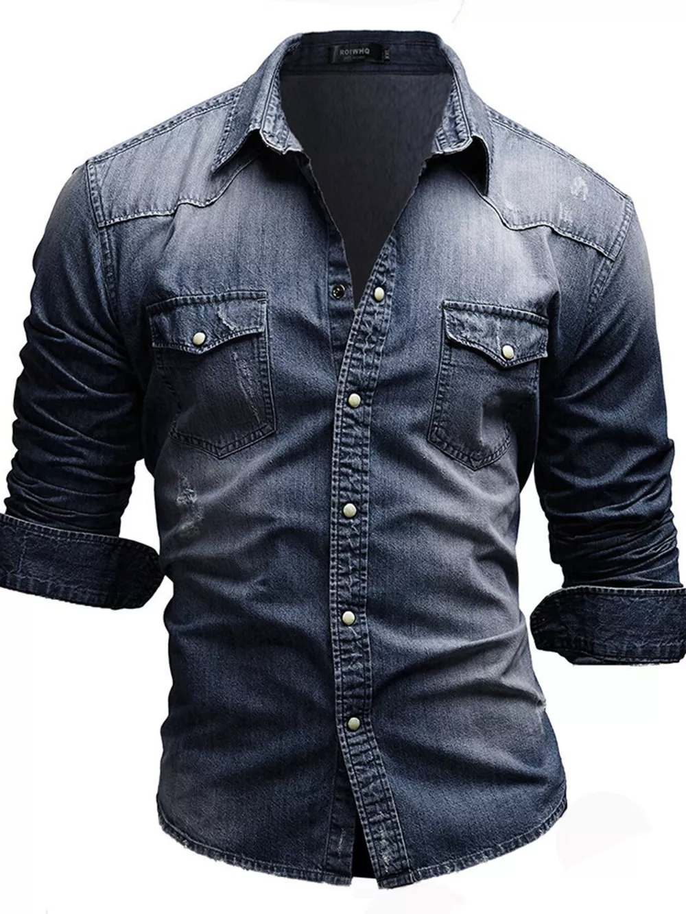 Men's Plus Size Vintage Washed Button Up Denim Shirt, image 2